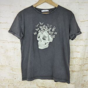 Mango MNG T-Shirt Womens S Gray Skull Butterfly Graphic Tee Rock Goth Macabre